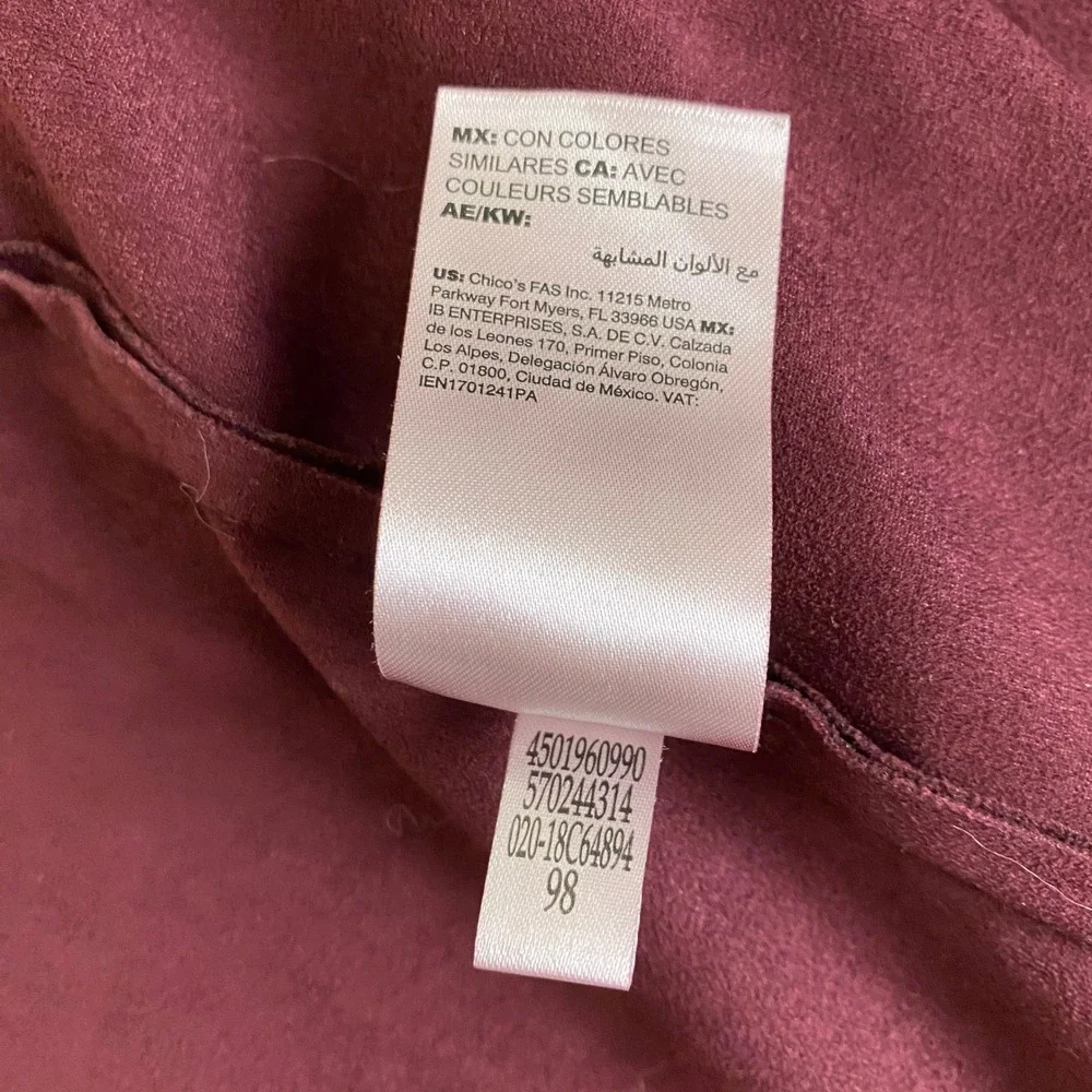 Chicos Cardigan Jacket Size‎ 3 (US XL 16 18) Burgundy Faux Suede Open Front